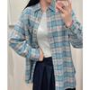 Frühling und Herbst Polokragen Damenhemd Lose lässige karierte Blusas Übergroße Strickjacke Damen Korean Edition Bluse