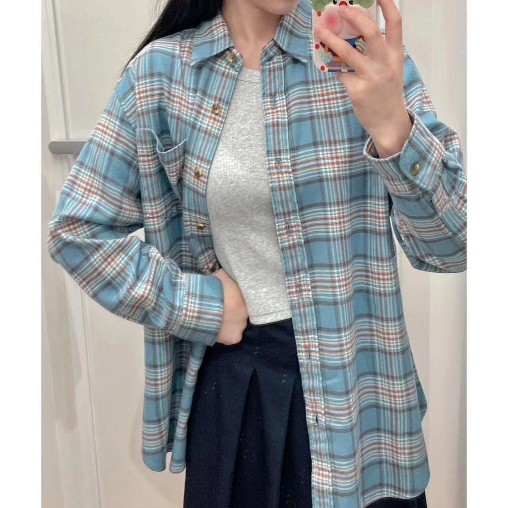 Frühling und Herbst Polokragen Damenhemd Lose lässige karierte Blusas Übergroße Strickjacke Damen Korean Edition Bluse