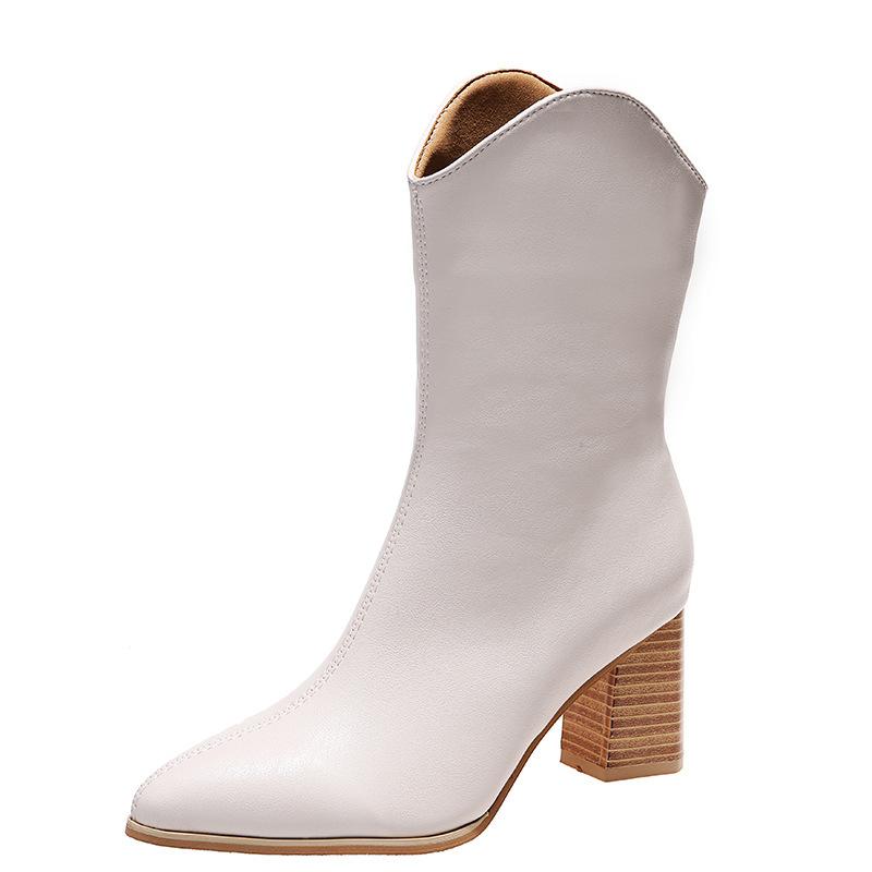 Autumn and Winter Footwear Plus Size Comfortable Side Zipper Mid-tube Thick Heel Pointed Booties Women's Boots