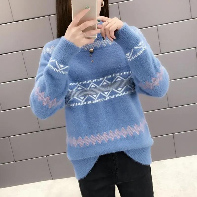 Sweater Women's Autumn and Winter Clothing New Mink Velvet Semi-turtleneck Loose Thickened Knitted Bottoming Shirt Pullover