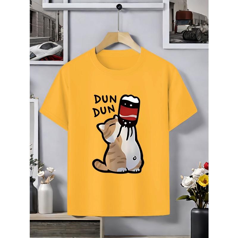 European sizes Cute Cat Balancing Drink Bottle Fun Print T-Shirt - Casual Versatile Top