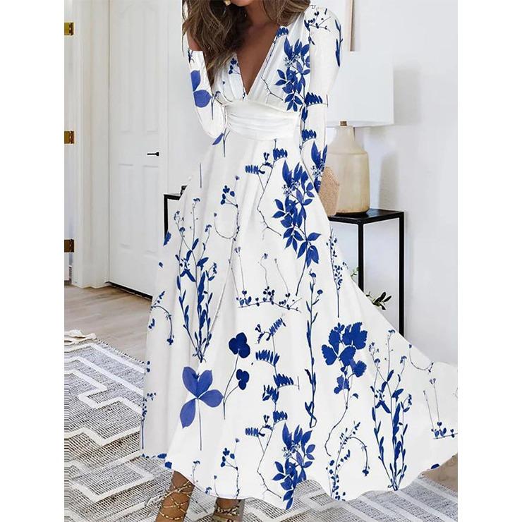 IHUASU Herbstliches, langärmliges, bedrucktes Damenkleid mit V-Ausschnitt