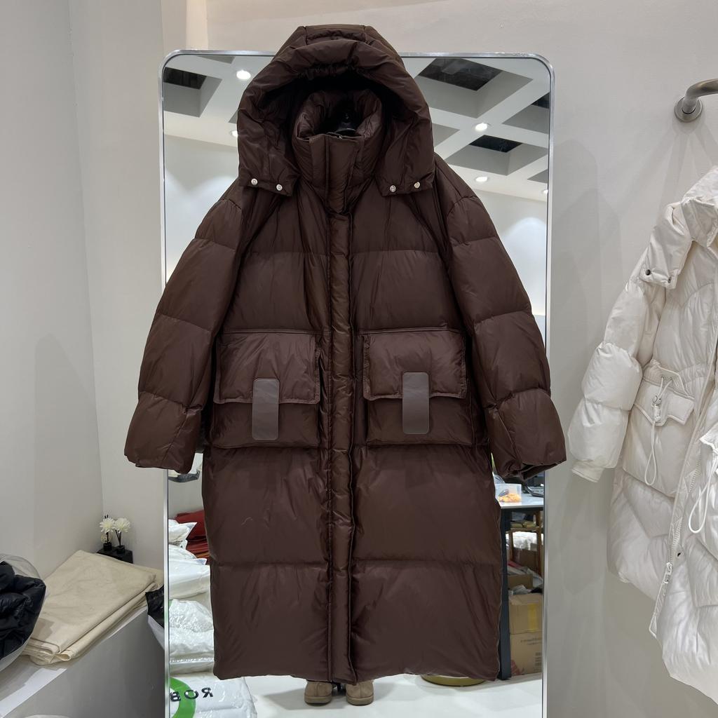 2024 Winter New Medium and Long Knee-length Hooded Thickened Loose Leather Bag Cover Fashionable Light Luxury Korean Version of White Duck Down Jacket