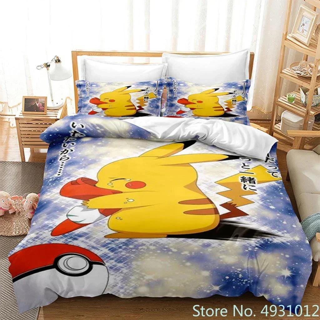 Set Biancheria da Letto 3D Anime Pikachu Copripiumino Coperta Federa Matrimoniale Queen King Size Bambino Bambini Camera da Letto Tessile per la Casa