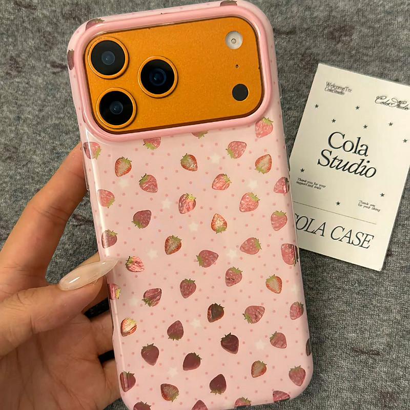 Ins Sweet Cute Bling Pink Strawberry Shockproof Phone Case For iPhone 13 14 15 16 17 Pro Max Hard IMD TPU Back Cover