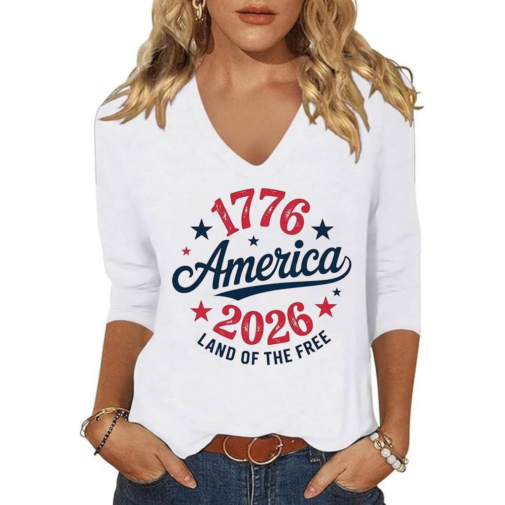 Women’s Casual V Neck Half Sleeve Top with 1776 2026 America Land of the Free Letter Print Loose Fit Pullover Shirt for Daily Wear