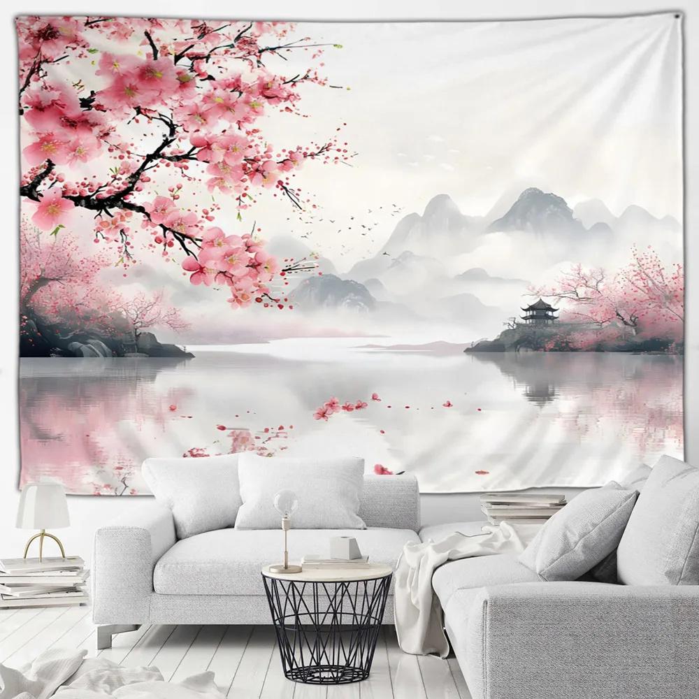 Japanese Scenery Tapestry Cherry Blossom Flowers Misty Landscape Chinese Style Wall Hanging Art Decoration Home Decor Background