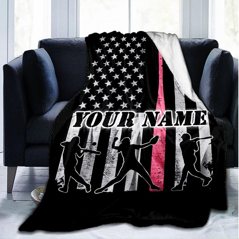 1PC Custom Name Baseball Flag Art outdooor Flannel blankets Patterns Throw Blanket All-Season Soft Gift for Couch, Bed, Camping gifts