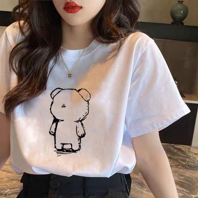 Koreansk Minimalistisk Nallebjörnsprint Kortärmad Design Känns Nischad T-shirt Unisex Sommar Överdimensionerad Lös Vardaglig Topp T-shirt