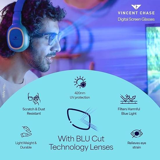 VINCENT CHASE GÖZLÜK Zero Power Bluecut ve Göz Koruması İçin Antiglare Bilgisayar Gözlükleri | Erkekler ve Kadınlar | Orta | VC E11797