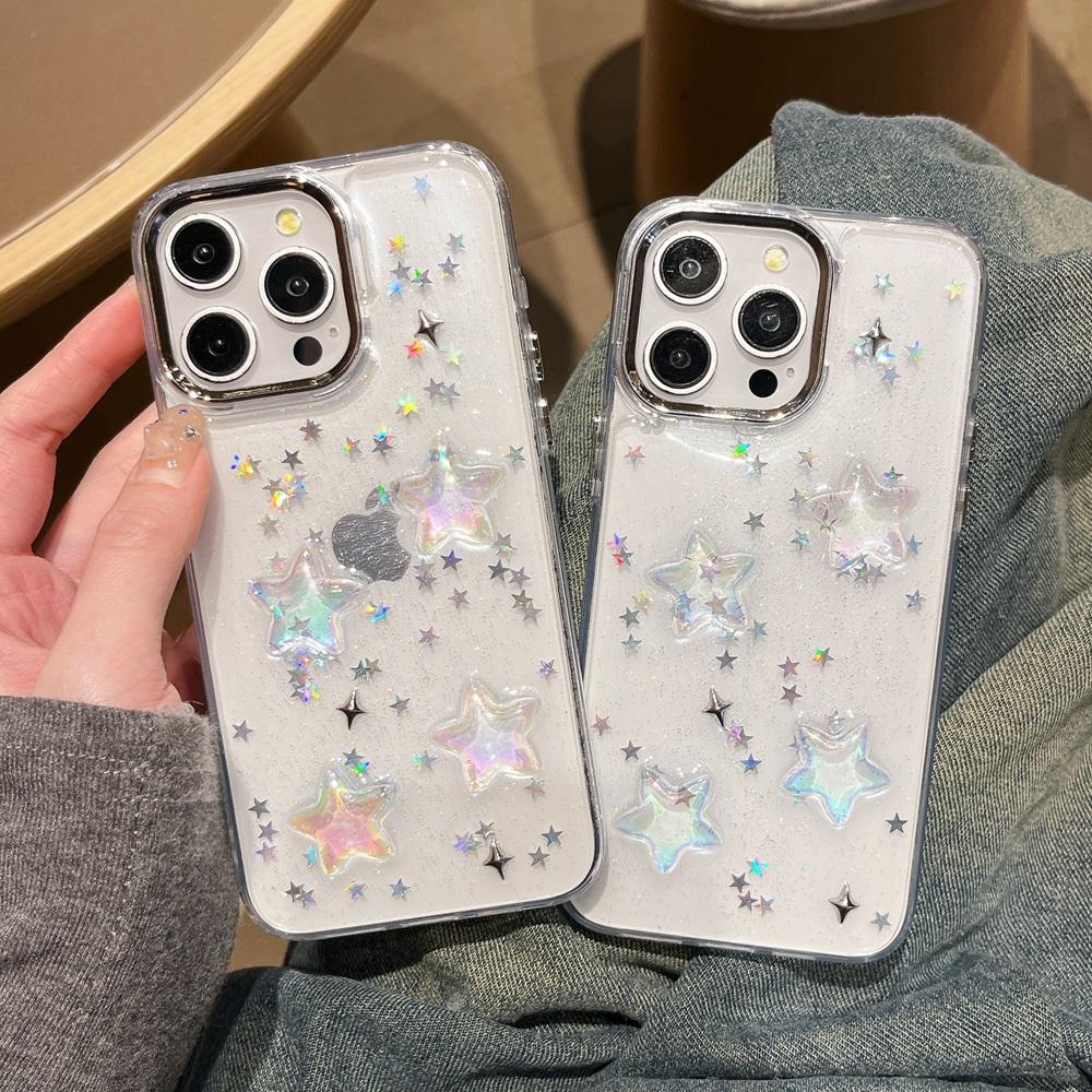 Capa de Celular Ins Coreana Gradiente Estrela Bling Glitter Para iPhone 16 15 14 13 12 11 Pro Max Plus Brilhante Transparente À Prova de Choque
