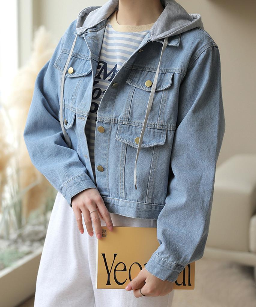 Bbaebbae Abnehmbare Kapuze Knopf Crop Jeansjacke