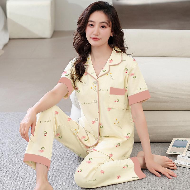 Green Women's Thin Pajamas, Spring and Autumn Short-sleeved Trousers, Two-piece Set, Summer Mother's Clothing, Loungewear Can Be Worn Outside