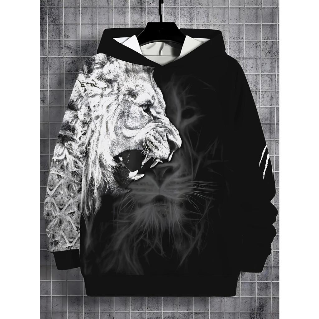 Boys' 3D Printed Hooded Sweatshirt - Black and White Contrasting Pattern Pullover, Long Sleeved Outdoor Sweatshirt