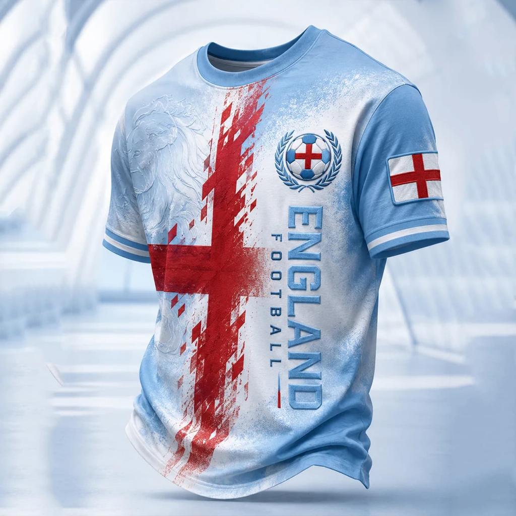 Men's England Football Printed Jersey Short Sleeve Crew Neck Athletic Soccer Shirt Lightweight Breathable Sportswear for Training and Casual Wear