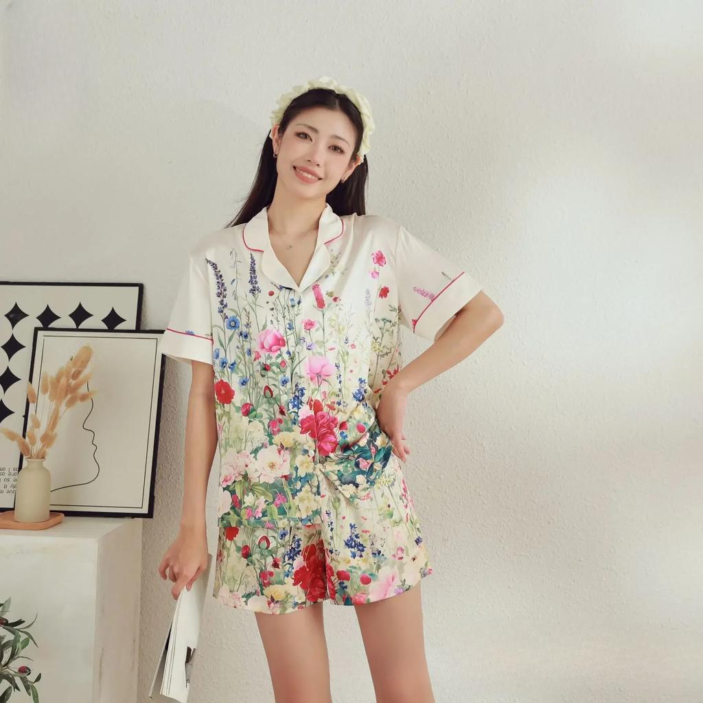 Pajamas, Women's Cartoon Printed Ice Silk Thin Suit, Short Sleeved Shorts, High-end Home Clothes, Worn for External Wear