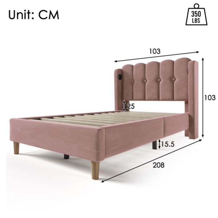 Gepolstertes Bett - MUVOE - 90 x 200 cm - Rosa - USB-C-Ladegerät - Matratze inklusive