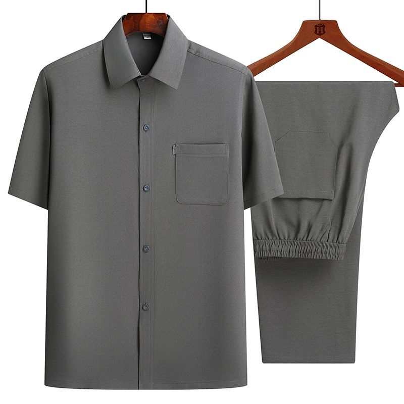 Chemise Mince à Manches Courtes en Soie Glacée pour Homme Costume d'Été Vêtements d'Été Chemise pour Homme + Costume Pantalon
