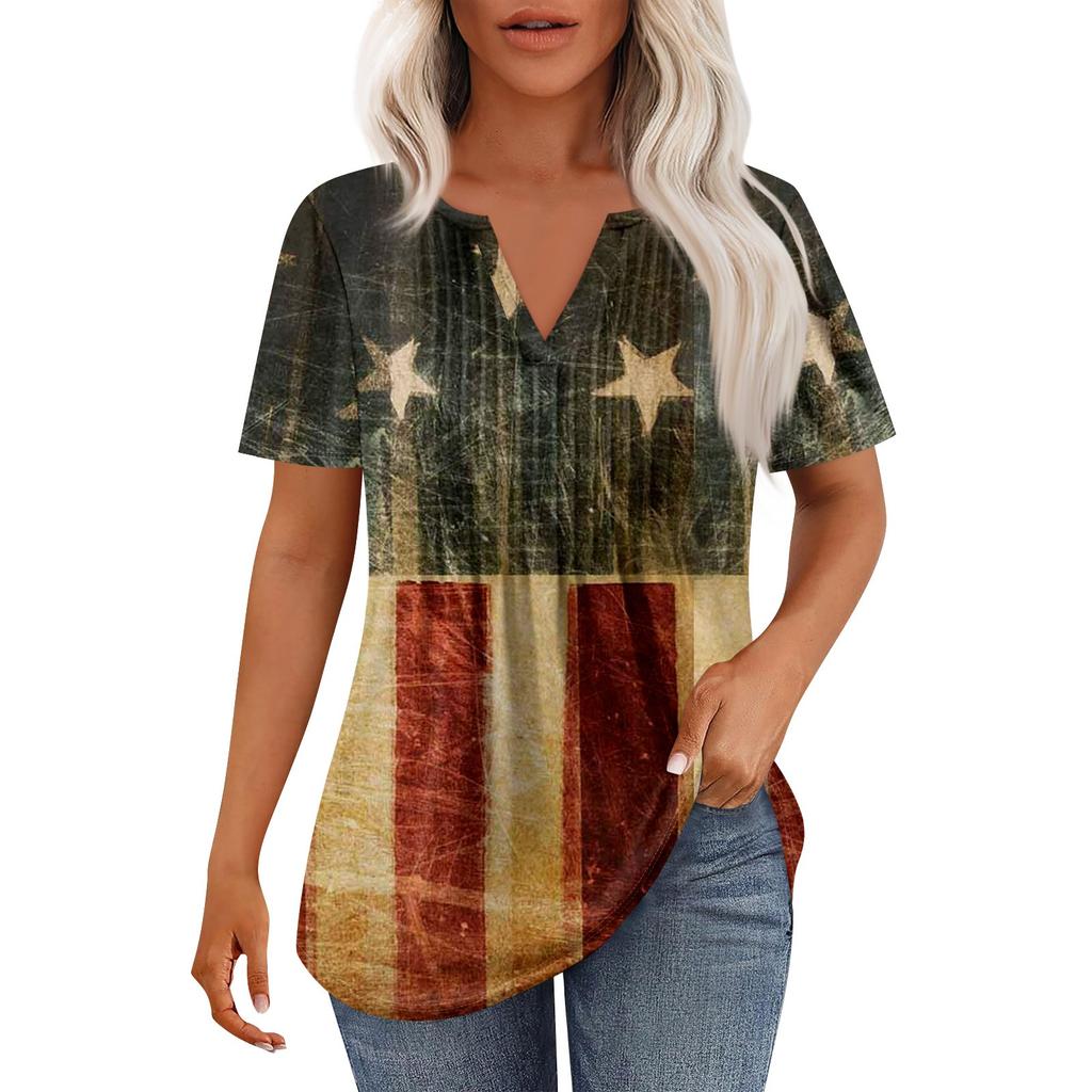 Women's Fashion Casual Pleated V Neck Short Sleeve T-Shirt Tops