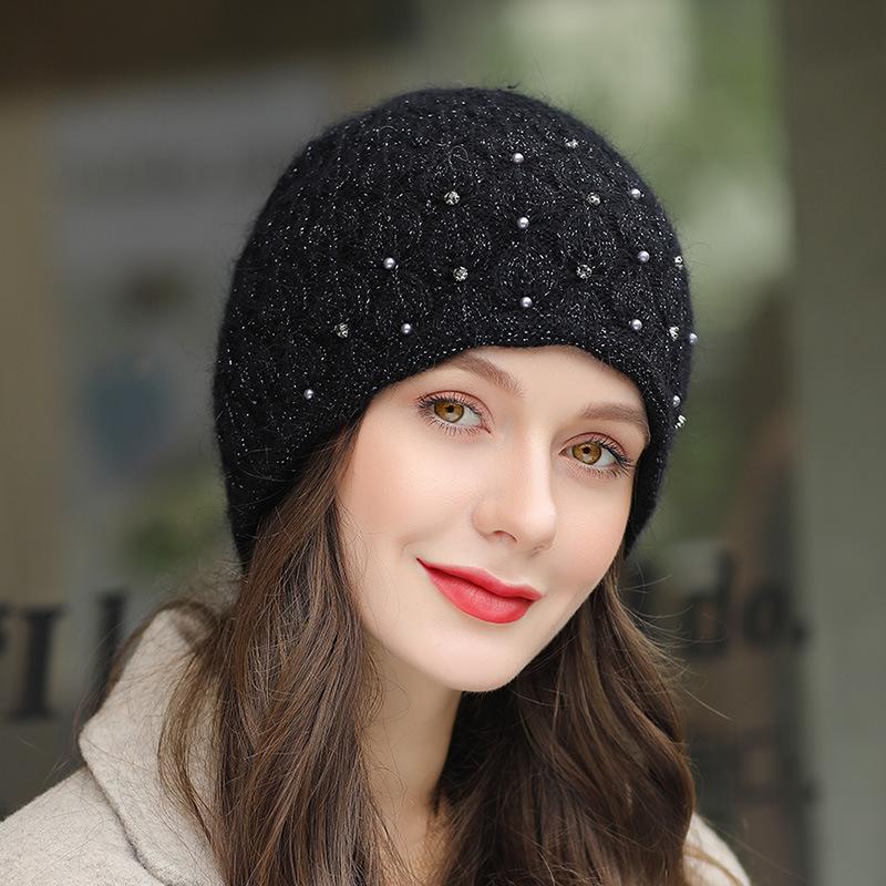 Căciulă Nouă de Iarnă Modă Stradală Amestec Blană de Iepure Căciulă Groasă Caldă pentru Femei Decor Elegant cu Perle Căciulă Tricotată Cadou pentru Doamne KTB