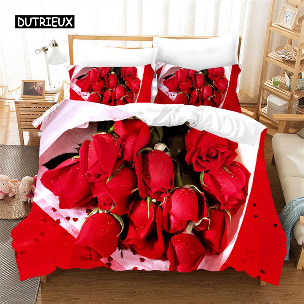 Roos Dekbedovertrek Set Microvezel Roze Hart Roos Romantisch Bloementhema Beddengoed Set Voor Geliefden Tweepersoons Queen King Size Dekbedovertrek