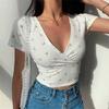 Women's Summer Retro Floral V-Neck Short-Sleeved T-Shirt Slim Slimming Wild High Waist T-Shirt Women's Tops
