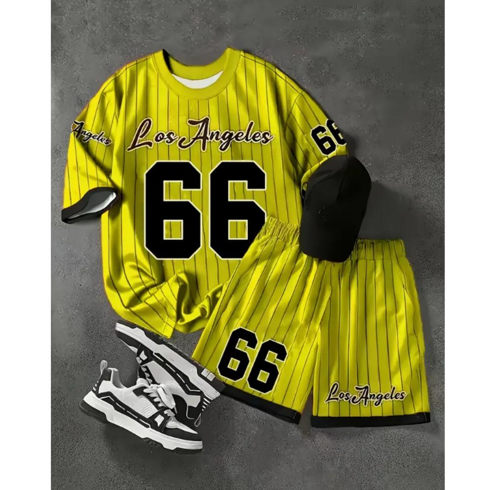 Herren T-Shirt und Shorts 2-teiliges Set mit aufgedruckten Zahlen und Buchstaben Sommer Freizeit Outfit für Herren und Damen