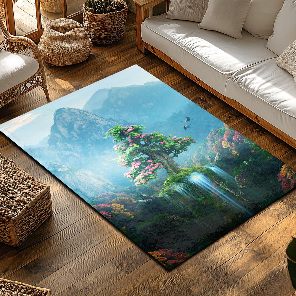Forest Landscape Area Rug, Colorful Nature Themed Carpet for Living Room, Soft Non-Slip Mat with Tree Design, Cozy Home Decor
