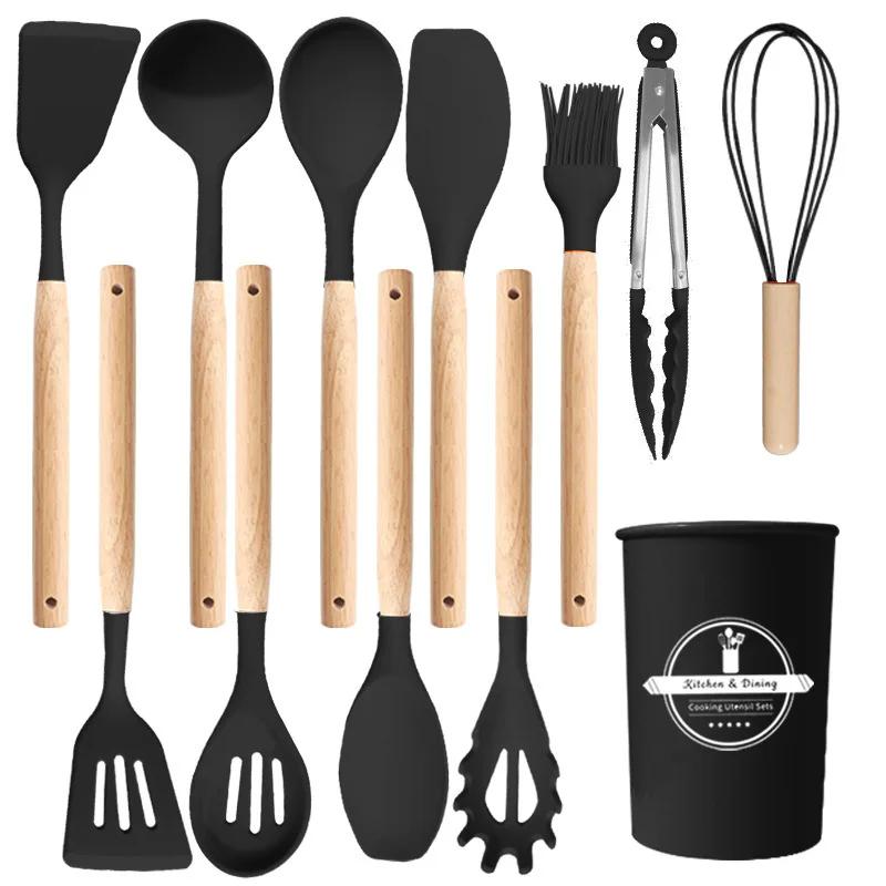 12Pcs Silicone Utensils Set Non-Stick Cookware Spatula Shovel Egg Beaters Wooden Handle Kitchenware Home Kitchen Cooking Tools