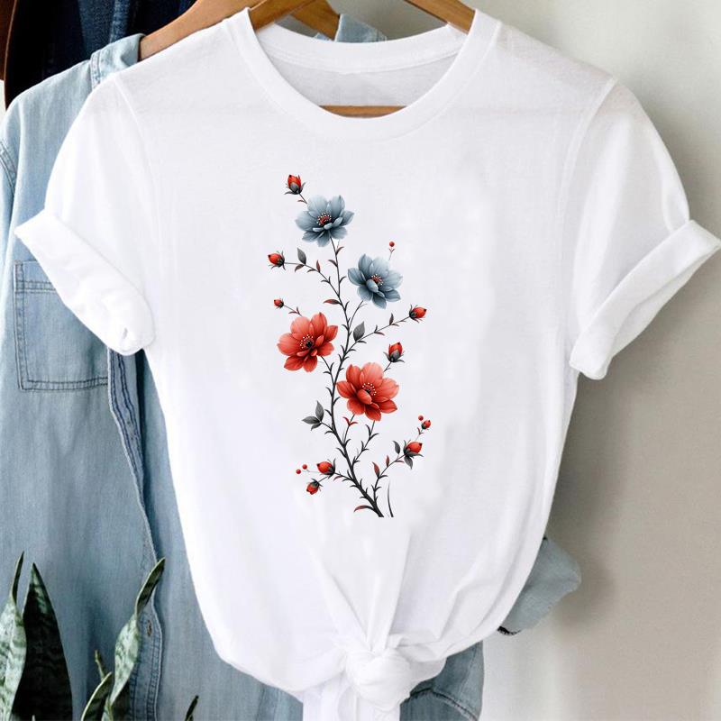 (Asian Size) Casual Sweet Flower Style 90s Tee Top Short Sleeve T Shirt Fashion Women Clothing Printed O-neck Ladies Female Graphic T-shirts