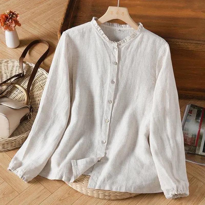 Women's Cotton Linen Ruffled Stand Collar Long Sleeve Retro Cardigan Shirt - Simple, Artistic Style