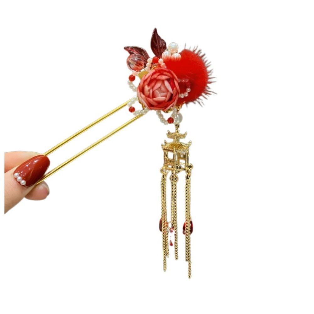 Red Flower Chinese Headwear Classic Hanfu Hairpin Beauty Pendant Hair Stick  Girls