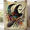 Witch Hat Broom Floral Star Moon Bat Flannel Halloween Theme Blanket Soft Comfortable, All Seasons Sofa Cover Autumn Decor