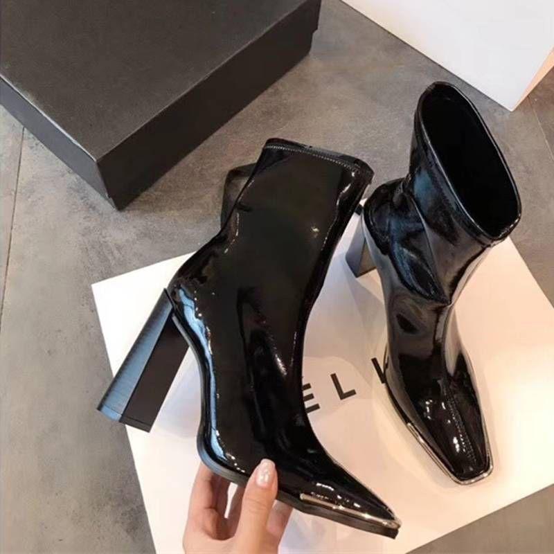 Patent Leather Short Boots Women's High Heel Thick Heel Versatile 2025 New Model Jue Jue Zi European and American Autumn and Winter Martin B