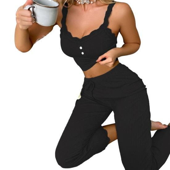 Women's Cami 2 Piece Pajamas Set Sexy Ribbed Knit Lace Trim Sleepwear Sleeveless V Neck Crop Top Long Pants Loungewear