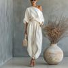 Women's 2 Piece Outfits Short Sleeve Off One Shoulder Pullover Top And Loose Harem Pants Set Summer Vacation Lounge Sets
