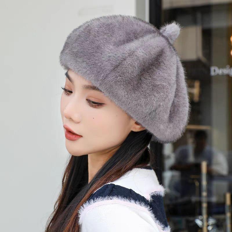 Winter Fashion Faux Mink Fur Beret Hat for Women - Warm Artistic Retro Painter Cap with Buckle Closure, Hand Knit, Non-Stretch, Festive Occasion