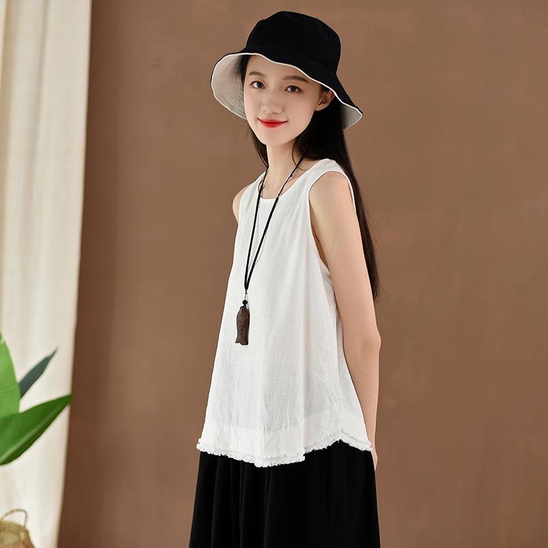 Spring and summer new cotton and linen women's clothing literary and retro linen burr edge suspender top women's bottom small vest