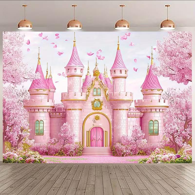 2D Pink Castle with Cherry Blossom Photo Backdrop for Kids Birthday Party Studio Decor Cloth