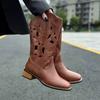 Brown Retro Western Cowboy Boots Women'S New Hollow Mid Boots Embroidered Knight Boots Thick Heel Martin Boots