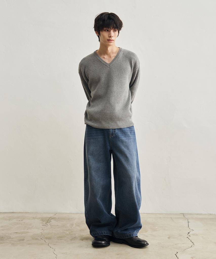ROTEMBER Ribbed V-Neck Crop Knit [Melange Gray]