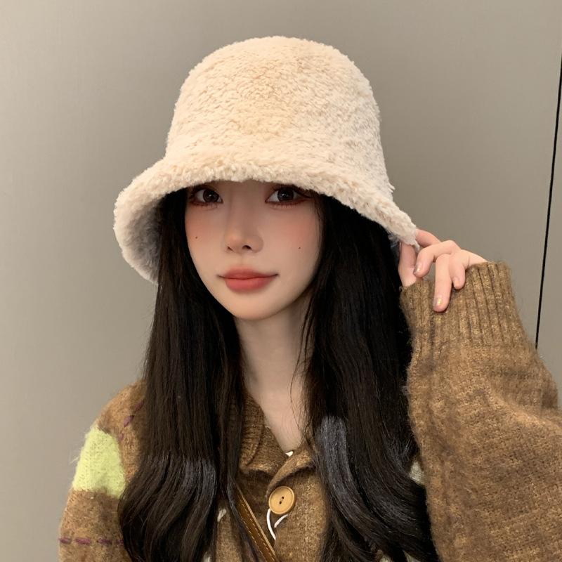 Chapeau d'automne et d'hiver pour femmes, chapeau bucket en peluche polyvalent uni, chapeau chaud d'hiver, chapeau lavabo