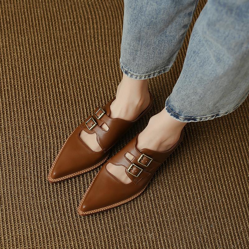 Fashion 2025 Summer Women Shoes Genuine Leather Shoes for Women Covered Toe Chunky Heel Mules Slingback Women Sandals Handmade Slippers