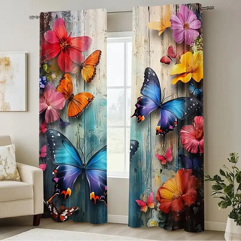 Vivid Butterfly Flower Printed Curtains Pole Bag Bedroom Living Room Home Decoration Set Of 2 Made Polyester Sitting Decor
