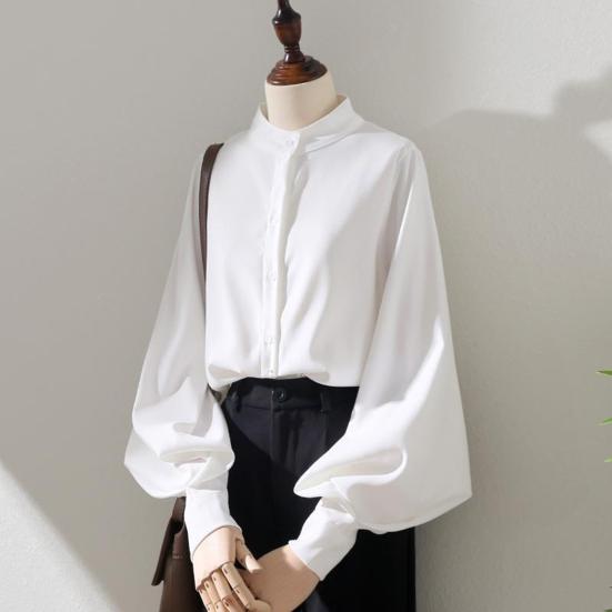 Women Shirt Stand Collar Lantern Long Sleeve Solid Color Shirt Loose Fit Single Breasted Office Lady Shirt