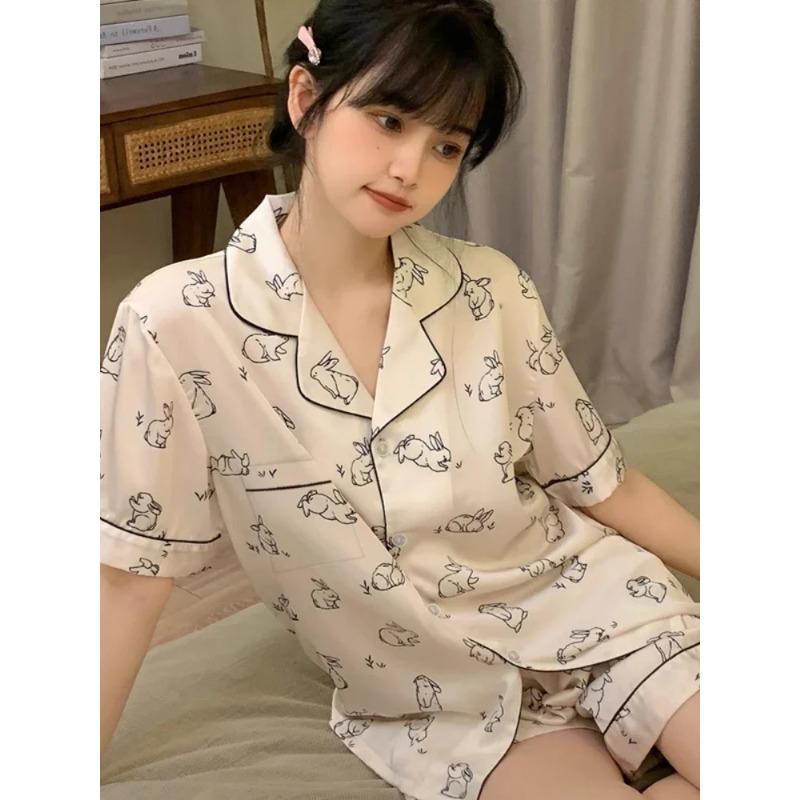 Casual Pajamas Women's Summer Thin Girl's Home Lapel Cardigan Two-piece Set Fashion Pyjamas Women Homewear