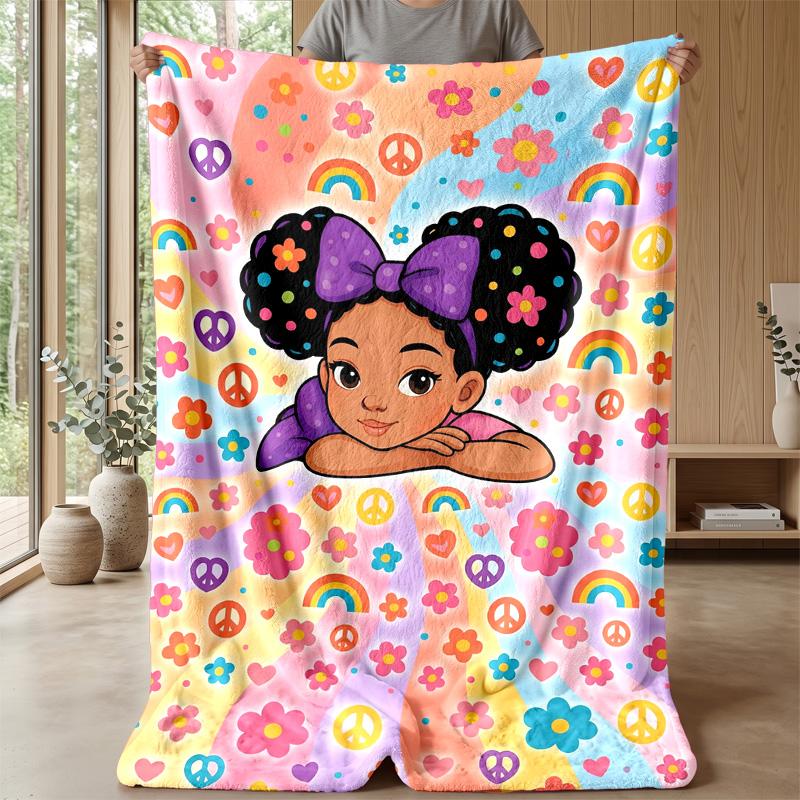 Peaceful Rainbow Flowers Theme Blanket Lightweight Warm Flannel Blanket Decorative Throw Blanket for Home Decoration