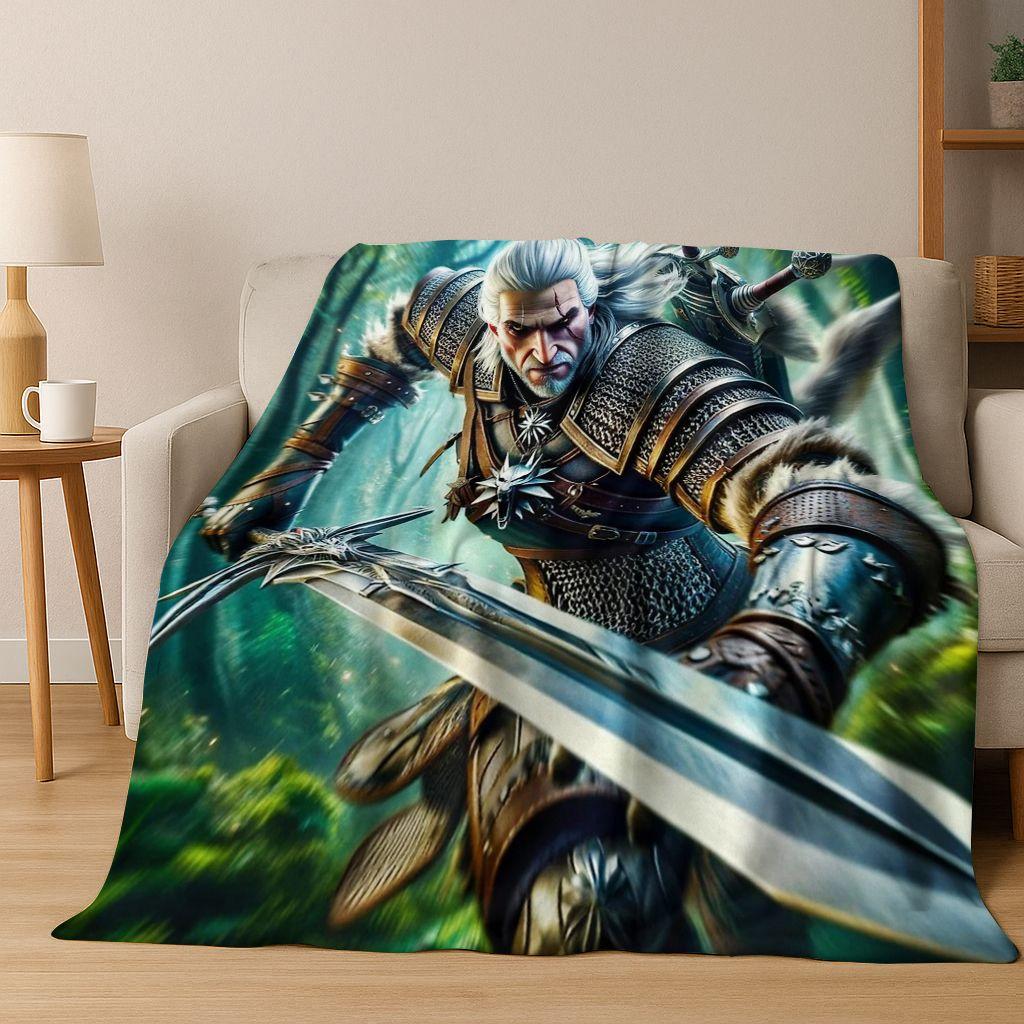 Couverture Flanelle 3D The W-Witcher Geralt Jeux Dessin Animé, Couverture Douce Chaude et Confortable pour Maison Chambre Lit Canapé, Cadeau Enfant
