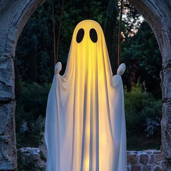 5FT Large Hanging Swing Ghost Halloween Decor LED Lighted Outdoor Swing White