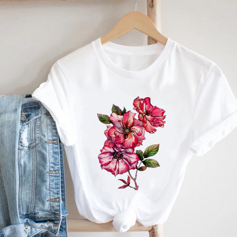 (Asian Size) Women Print Tee Love Heart Plant Flower Trend Top Clothing Fashion Tshirt Lady Female Casual Short Sleeve Graphic T-shirt